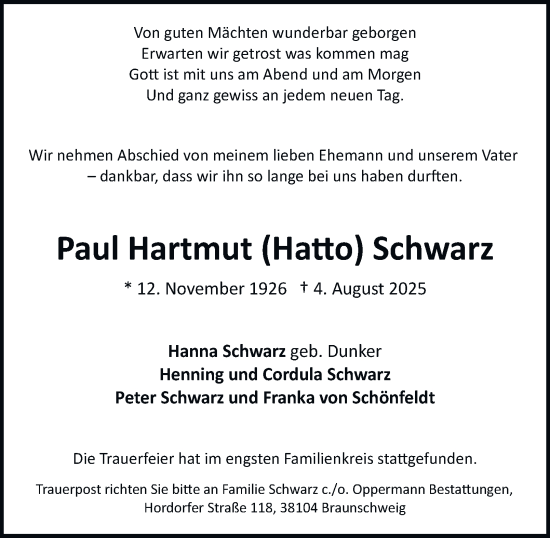 Traueranzeige von Paul Hartmut Schwarz von Braunschweiger Zeitung