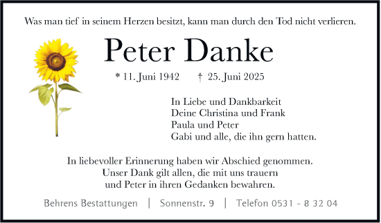 Traueranzeige von Peter Danke von Braunschweiger Zeitung
