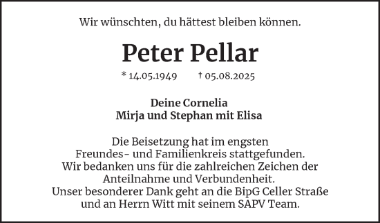 Traueranzeige von Peter Pellar von Braunschweiger Zeitung