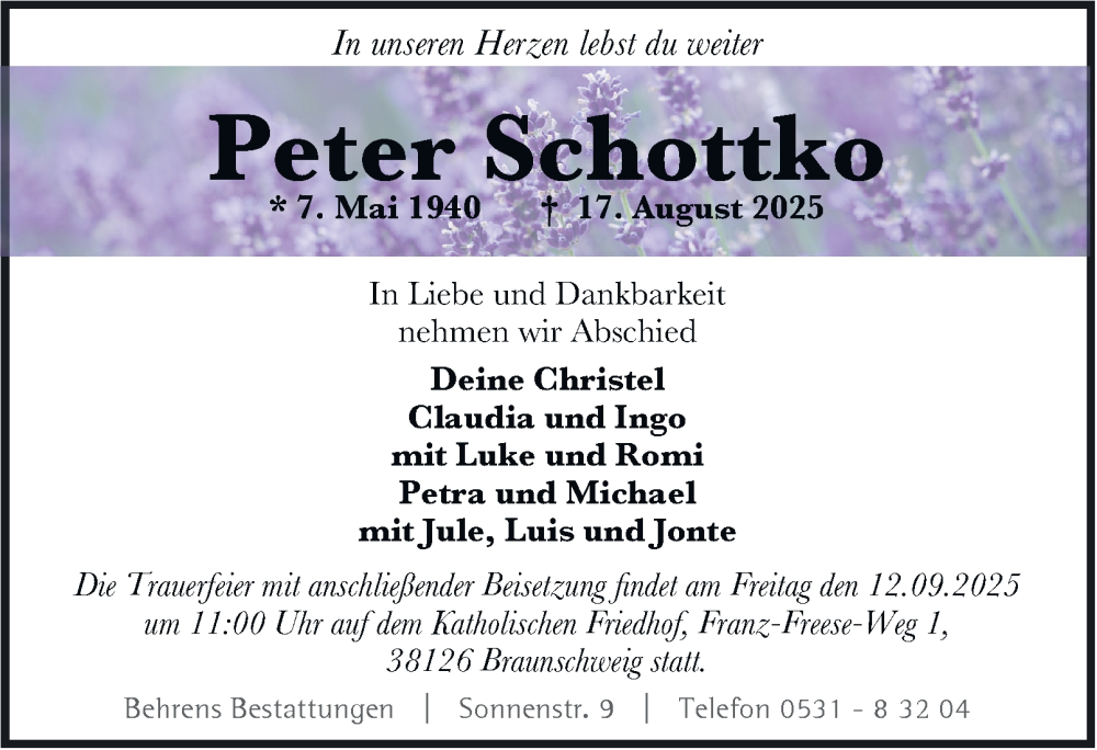  Traueranzeige für Peter Schottko vom 30.08.2025 aus Braunschweiger Zeitung