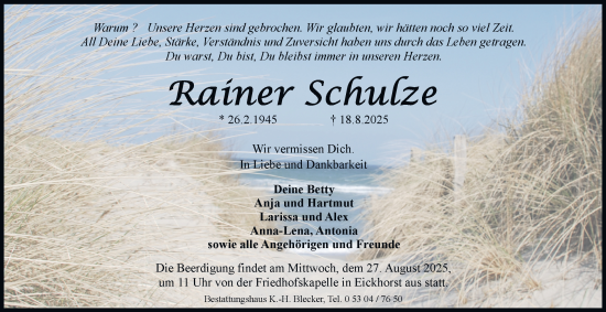 Traueranzeige von Rainer Schulze von Braunschweiger Zeitung