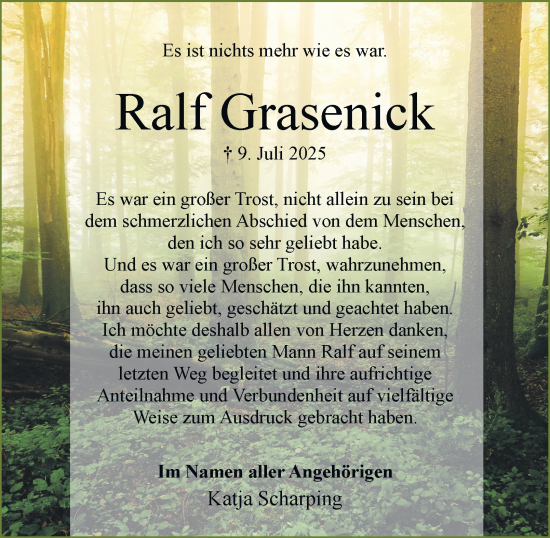 Traueranzeige von Ralf Grasenick von Braunschweiger Zeitung, Wolfsburger Nachrichten