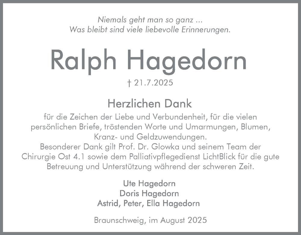  Traueranzeige für Ralph Hagedorn vom 30.08.2025 aus Braunschweiger Zeitung