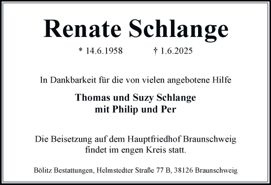 Traueranzeige von Renate Schlange von Braunschweiger Zeitung