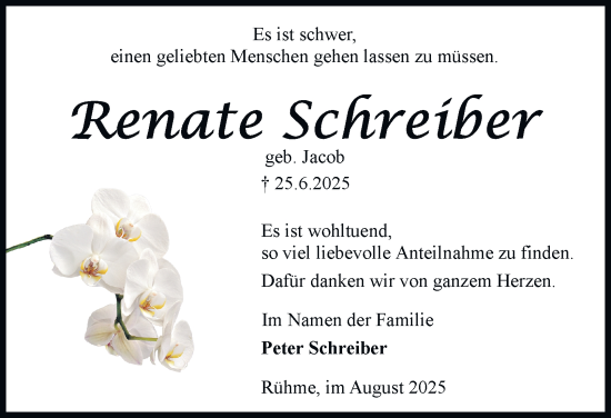 Traueranzeige von Renate Schreiber von Braunschweiger Zeitung