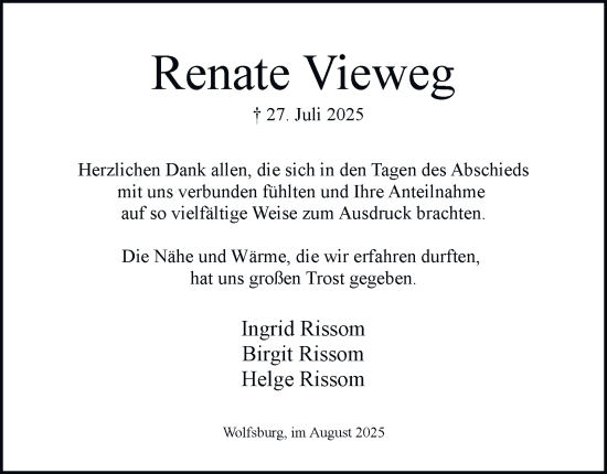 Traueranzeige von Renate Vieweg von Braunschweiger Zeitung, Wolfsburger Nachrichten