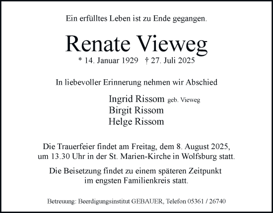 Traueranzeige von Renate Vieweg von Braunschweiger Zeitung, Wolfsburger Nachrichten