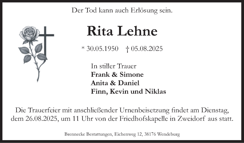  Traueranzeige für Rita Lehne vom 16.08.2025 aus Peiner Nachrichten