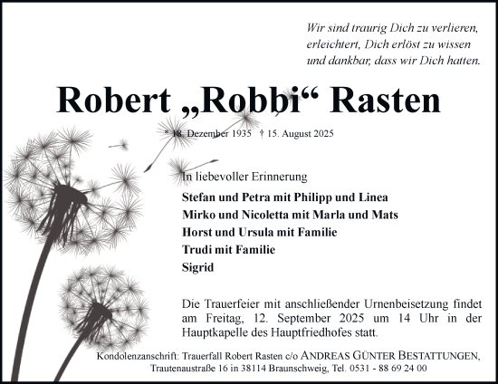 Traueranzeige von Robert Rasten von Braunschweiger Zeitung