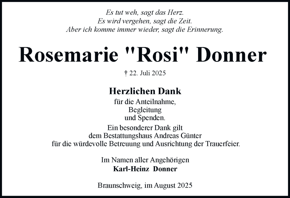  Traueranzeige für Rosemarie Donner vom 16.08.2025 aus Braunschweiger Zeitung