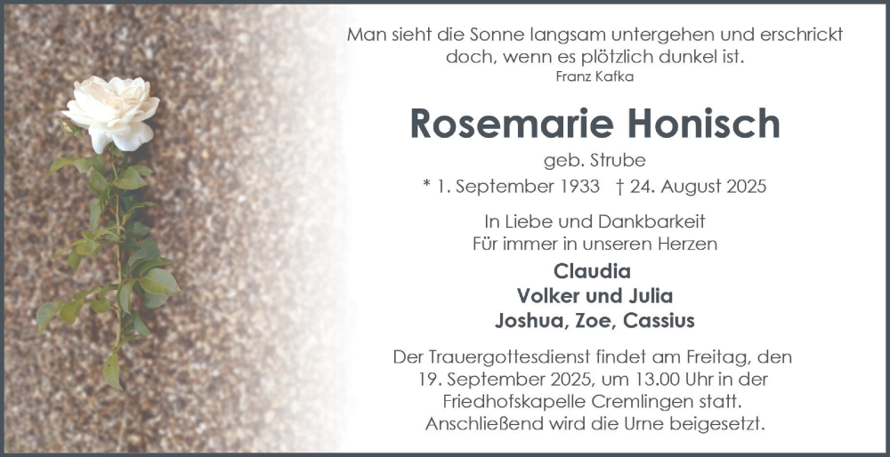  Traueranzeige für Rosemarie Honisch vom 30.08.2025 aus Braunschweiger Zeitung