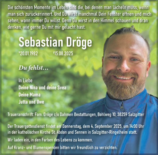 Traueranzeige von Sebastian Dröge von Salzgitter-Zeitung