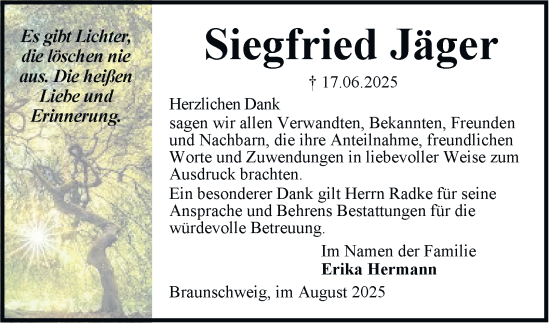 Traueranzeige von Siegfried Jäger von Braunschweiger Zeitung
