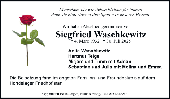 Traueranzeige von Siegfried Waschkewitz von Braunschweiger Zeitung