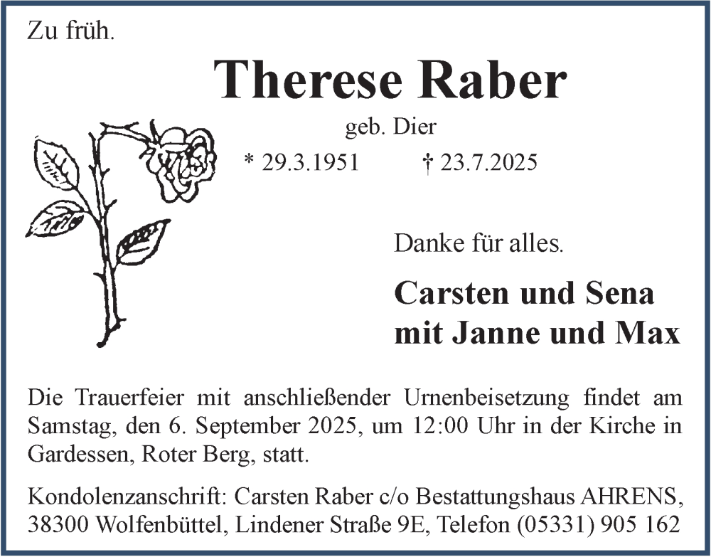  Traueranzeige für Therese Raber vom 30.08.2025 aus Braunschweiger Zeitung