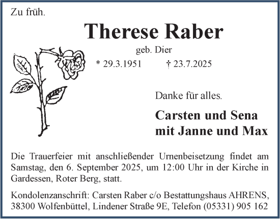Traueranzeige von Therese Raber von Braunschweiger Zeitung