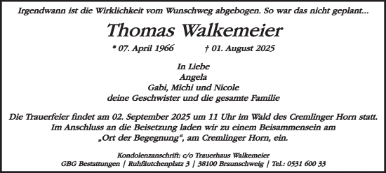 Traueranzeige von Thomas Walkemeier von Braunschweiger Zeitung