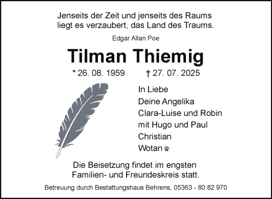 Traueranzeige von Tilman Thiemig von Braunschweiger Zeitung, Wolfsburger Nachrichten
