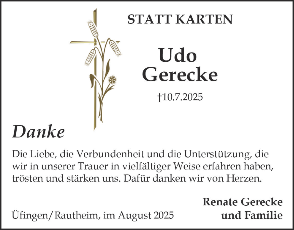  Traueranzeige für Udo Gerecke vom 16.08.2025 aus Salzgitter-Zeitung