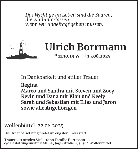 Traueranzeige von Ulrich Borrmann von Wolfenbütteler Zeitung