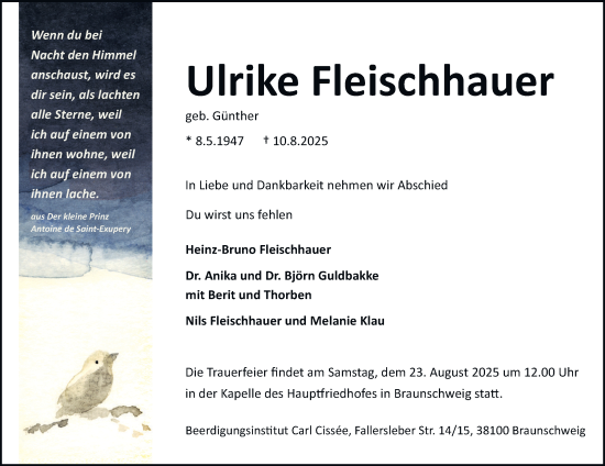 Traueranzeige von Ulrike Fleischhauer von Braunschweiger Zeitung