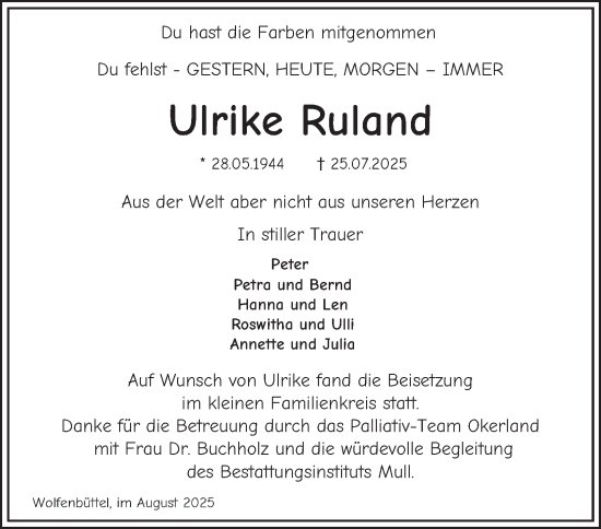 Traueranzeige von Ulrike Ruland von Wolfenbütteler Zeitung