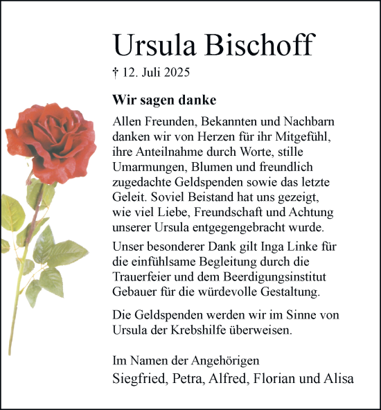 Traueranzeige von Ursula Bischoff von Braunschweiger Zeitung, Wolfsburger Nachrichten