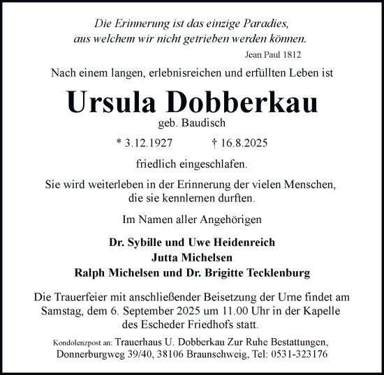 Traueranzeige von Ursula Dobberkau von Braunschweiger Zeitung