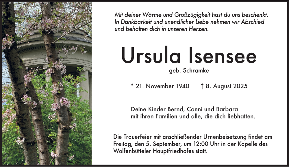  Traueranzeige für Ursula Isensee vom 30.08.2025 aus Wolfenbütteler Zeitung