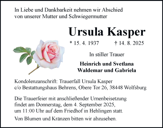 Traueranzeige von Ursula Kasper von Braunschweiger Zeitung, Wolfsburger Nachrichten