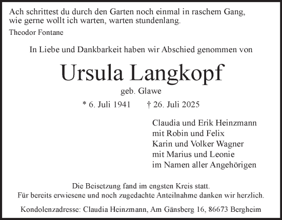 Traueranzeige von Ursula Langkopf von Braunschweiger Zeitung