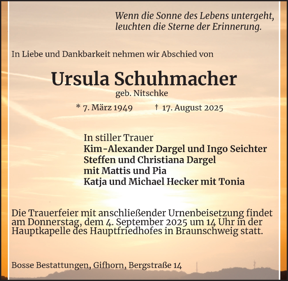  Traueranzeige für Ursula Schuhmacher vom 30.08.2025 aus Braunschweiger Zeitung