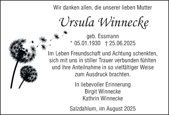 Traueranzeige von Ursula Winnecke von Wolfenbütteler Zeitung
