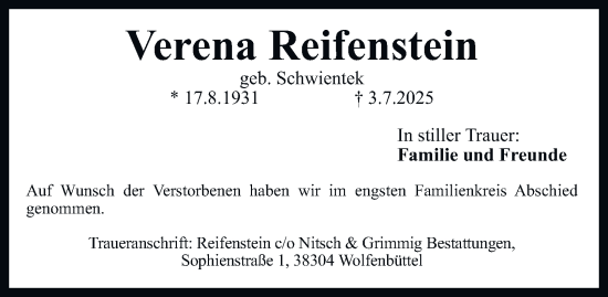 Traueranzeige von Verena Reifenstein von Wolfenbütteler Zeitung