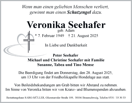 Traueranzeige von Veronika Seehafer von Braunschweiger Zeitung