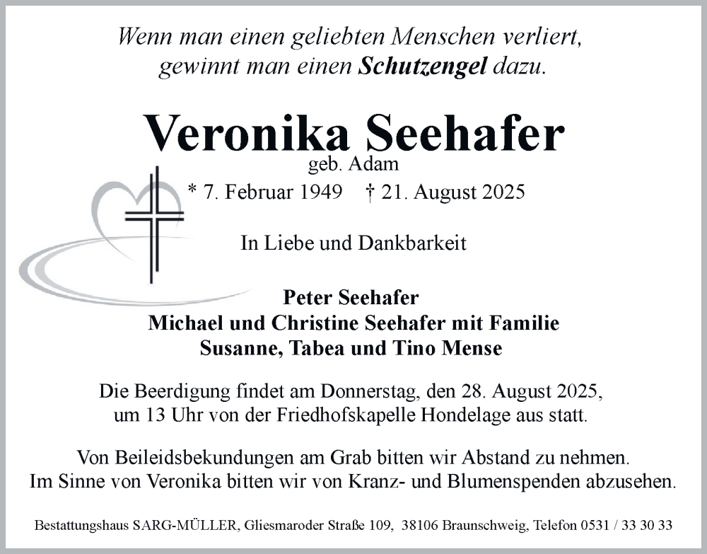  Traueranzeige für Veronika Seehafer vom 23.08.2025 aus Braunschweiger Zeitung