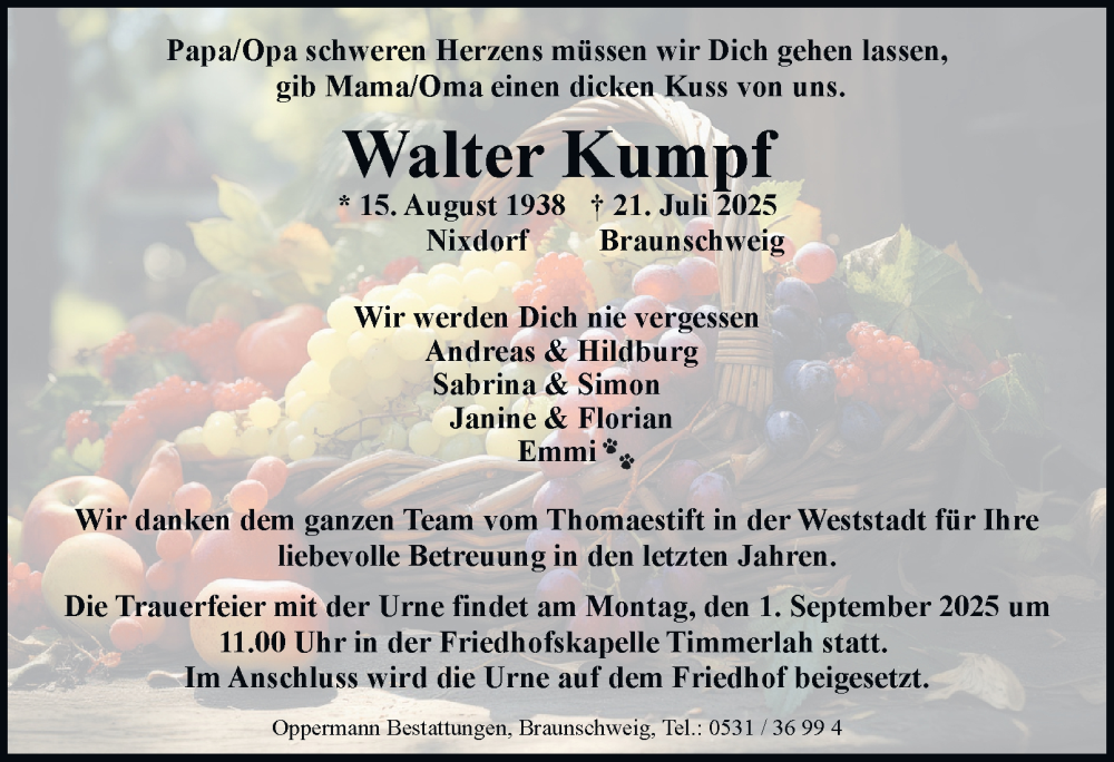  Traueranzeige für Walter Kumpf vom 02.08.2025 aus Braunschweiger Zeitung