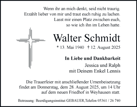 Traueranzeige von Walter Schmidt von Braunschweiger Zeitung, Wolfsburger Nachrichten