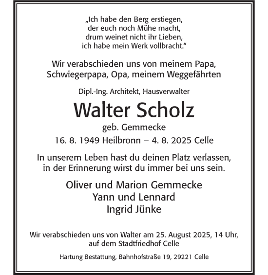 Traueranzeige von Walter Scholz von Salzgitter-Zeitung