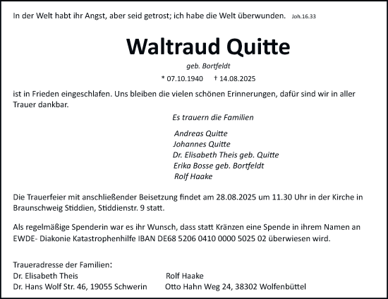 Traueranzeige von Waltraud Quitte von Wolfenbütteler Zeitung