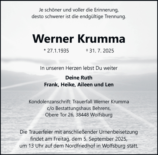 Traueranzeige von Werner Krumma von Braunschweiger Zeitung, Wolfsburger Nachrichten
