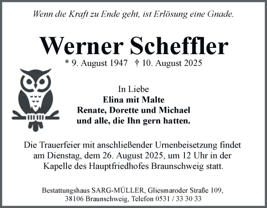 Traueranzeige von Werner Scheffler von Braunschweiger Zeitung