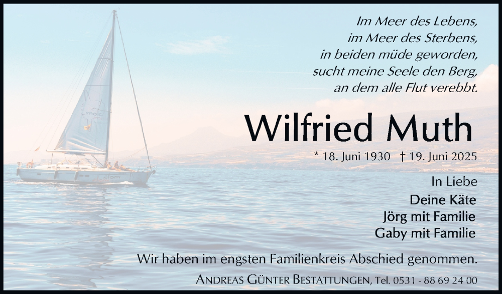  Traueranzeige für Wilfried Muth vom 09.08.2025 aus Braunschweiger Zeitung