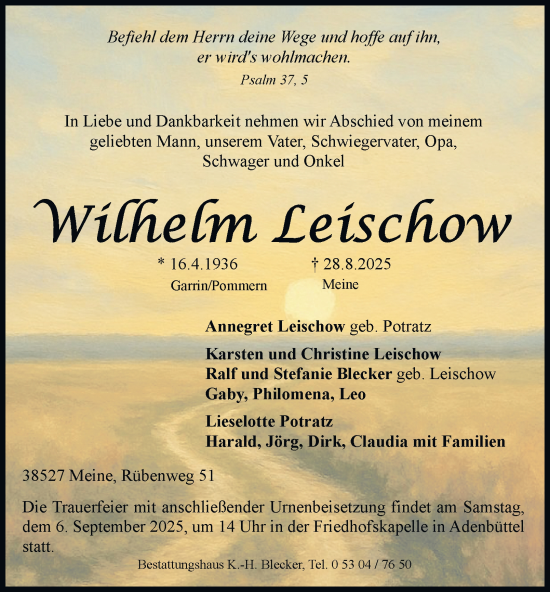 Traueranzeige von Wilhelm Leischow von Braunschweiger Zeitung, Wolfsburger Nachrichten