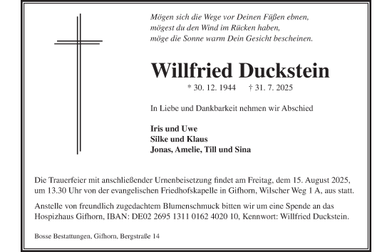 Traueranzeige von Willfried Duckstein von Braunschweiger Zeitung, Wolfsburger Nachrichten
