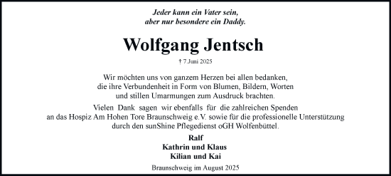 Traueranzeige von Wolfgang Jentsch von Braunschweiger Zeitung