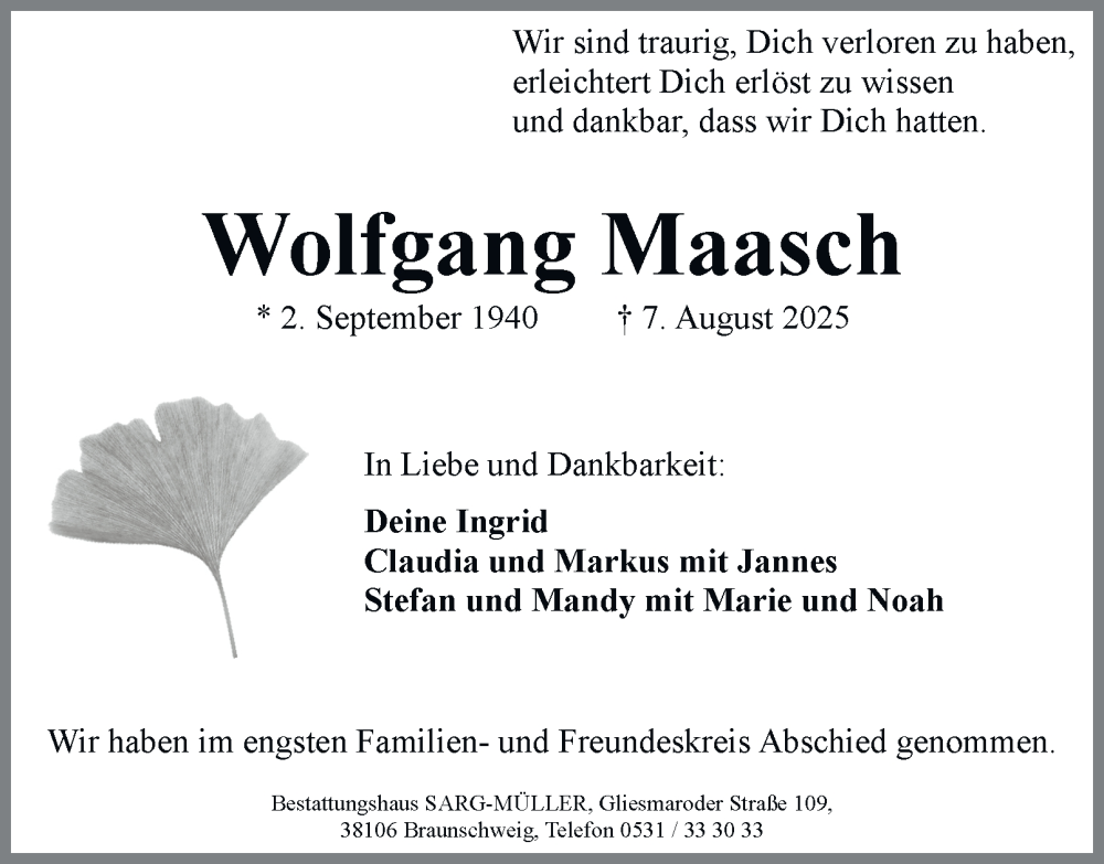  Traueranzeige für Wolfgang Maasch vom 30.08.2025 aus Braunschweiger Zeitung