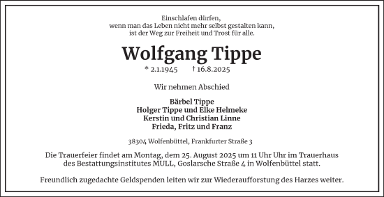 Traueranzeige von Wolfgang Tippe von Wolfenbütteler Zeitung