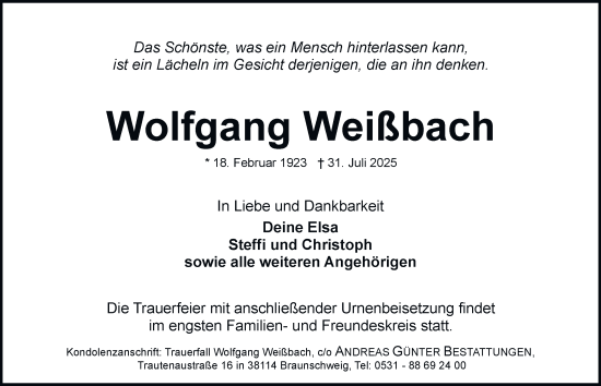 Traueranzeige von Wolfgang Weißbach von Braunschweiger Zeitung