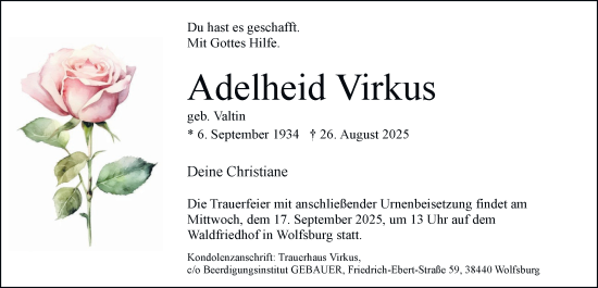 Traueranzeige von Adelheid Virkus von Braunschweiger Zeitung, Wolfsburger Nachrichten